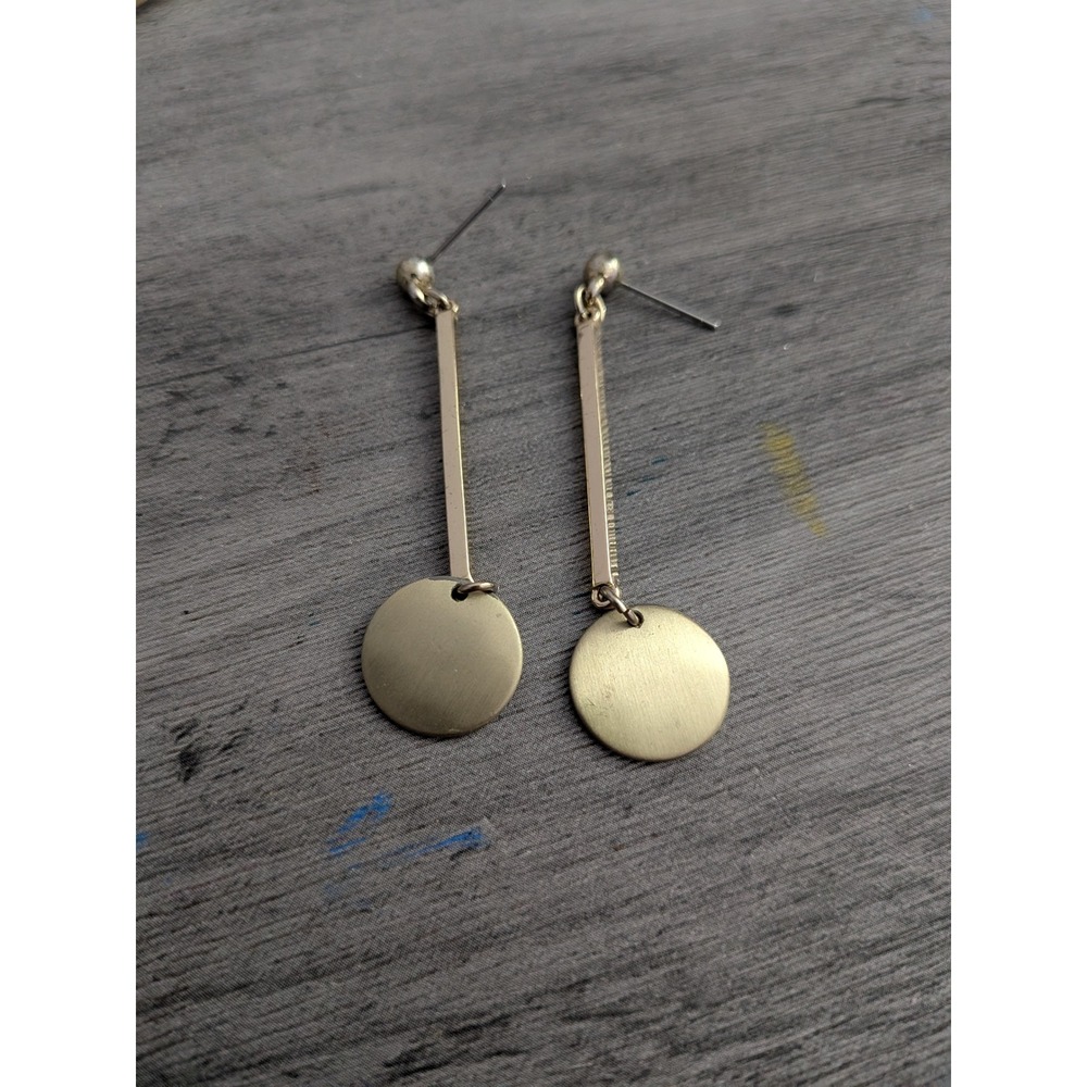 Gold Tone Geometric Bar and Disc Drop Earrings Minimalist Dangle Post Back